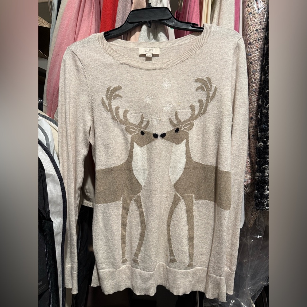 LOFT Cream Reindeer Sweater